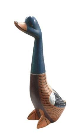 A carved wooden and painted model of a mallard duck, 60cm high.