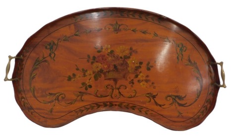 A 19thC satinwood and painted Sheraton Revival kidney shaped two handled tray, 67cm wide.