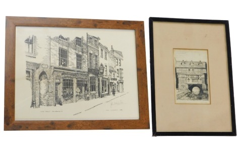 Charles Weston, The Glory Hole Lincoln, artist signed etching, 17cm x 11cm, and an artist signed print after Jean Hutchinson of Lord Street Gainsborough. (2)