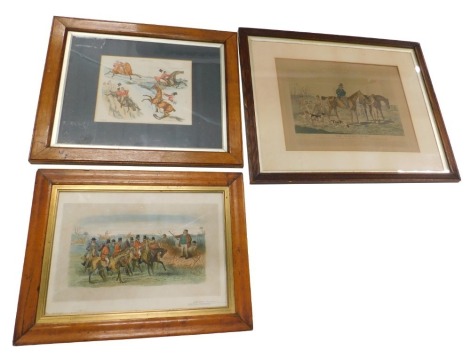 After Henry Alken, Symptoms, coloured print, another hunting print titled 'Hunting Sketches', and a further coloured print titled 'The Sporting Suite'. (3)