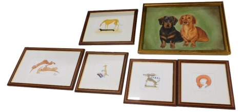 Katrina Paton, Dachschunds, oil on canvas, 46cm x 59cm, and various other prints relating to dachshunds, to include a water colour by Dianne Heap, titled 'Have you heard the one about?'. (6)