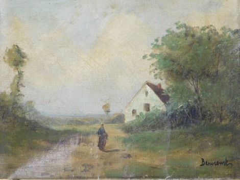 Baucomb, figure in a landscape, oil on canvas, 23cm x 30cm.