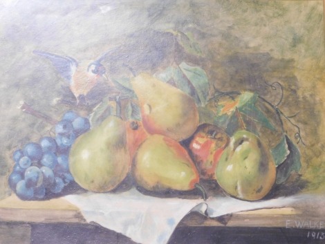 E. Walker, Still life with fruits and bird, oil on board, signed and dated 1913, 36cm x 50cm.