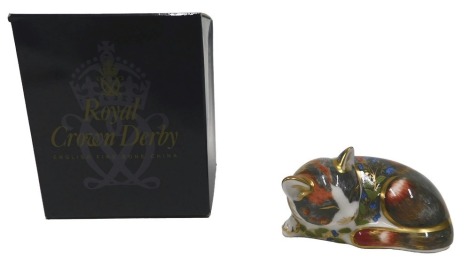 A Royal Crown Derby Collector's Guild Exclusive paperweight Catnip Kitten, gold button to underside, boxed.