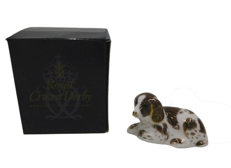 A Royal Crown Derby Collector's Guild paperweight Scruff, gold button to underside, boxed.