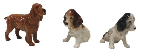 A Beswick Spaniel, Champion Horseshoe Primula, and two Sylvac Spaniels in brown and black respectively.