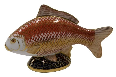 A Royal Crown Derby fish paperweight, gold button to underside.