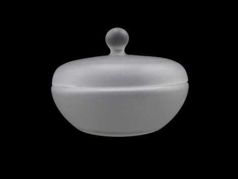 A frosted glass powder bowl and cover, the base bearing signature R Lalique, 15cm diameter.