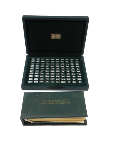 The Hundred Great Cars silver miniature collection by John Pinches Limited, comprising small silver ingots in fitted case, issued 1979, with certificates, etc.