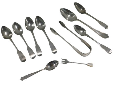 A quantity of silver, various dates, to include sugar tongs, teaspoons, etc., weighable silver 7.49oz, and a small silver fork with mother of pearl handle.