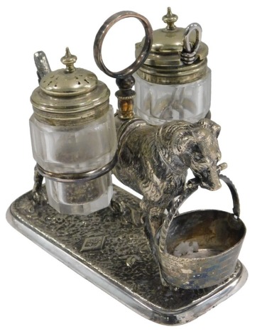 A Victorian silver plated novelty cruet, the rectangular base with dog holding a basket, 14cm long.