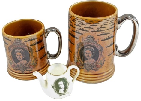 A Lord Nelson pottery mug, printed with the Fleet Review at Spithead 1977, 13cm high, and another similar, 9cm high, and a small Royal Doulton commemorative teapot, printed with a profile of Ludwig Van Beethoven.