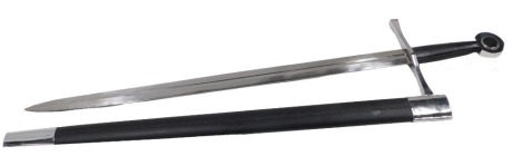 A replica Ancient Warrior Battle Ready sword, with scabbard, in original packaging, 106cm long.