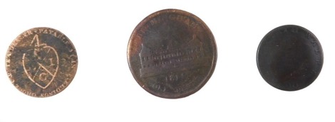 Tokens, comprising a North Wales half penny evasion token 1760, a Manchester half penny token TSA Browns 1793, and a Birmingham one pound token 1814. (3)