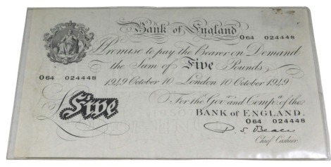 A Bank of England white five pound note, Chief Cashier Beale dated 10th October 1949.