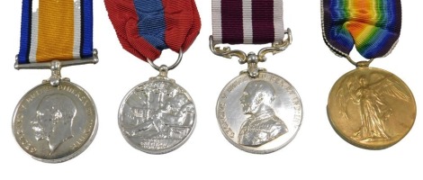 Three First World War medals, awarded to a 148202 Sargent H Barber, The Victory Medal, 1914-18 Campaign Medal, and the Faithful Service Medal and a George V Meritorious Service Medal, awarded to a 148202 Corporal A.C.O.Q.M.SJT H Barber Royal Engineers.