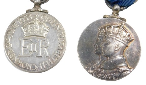 A Queen Elizabeth II Coronation medal, and a George VI Queen Elizabeth Coronation medal, both with ribbons.