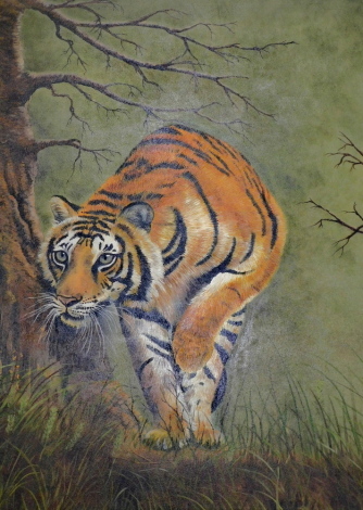 20thC School. Study of a prowling tiger, oil on canvas, indistinctly signed and dated 12, 114cm x 90cm.