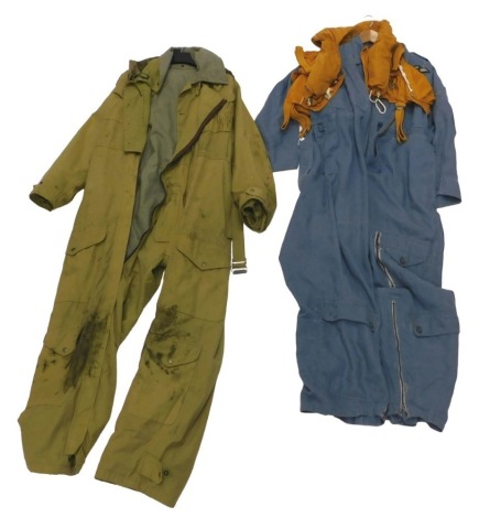 RCAF blue pilots overalls, together with a P Frankenstein & Sons parachute, patent number 689597, together with a WWII Brit Pixie set of overalls in khaki.