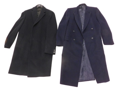 A gentleman's Crombie blue wool coat, retailed by Harrods, size unknown, together with a Hugo Boss cashmere wool gentleman's black coat, size unknown.