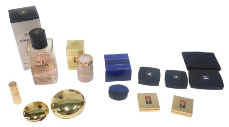 A bottle of Chanel No.5 bath oil, 400ml, boxed, together with Chanel compacts containing bronzer, blush, further makeup for Yves St Laurent, Christian Dior, etc.