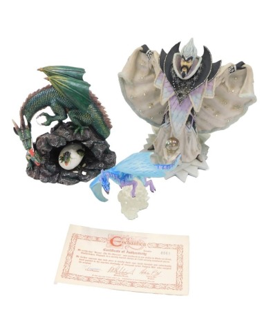 An Enchantica resin figure modelled as Winter Wizard, 24cm high, boxed with certificate of authenticity, together with a dragon Khulu, 2002 edition, 14cm high, and a mystical dragons Avigadere and The Cavern limited edition figure number 957/1500, 20cm hi