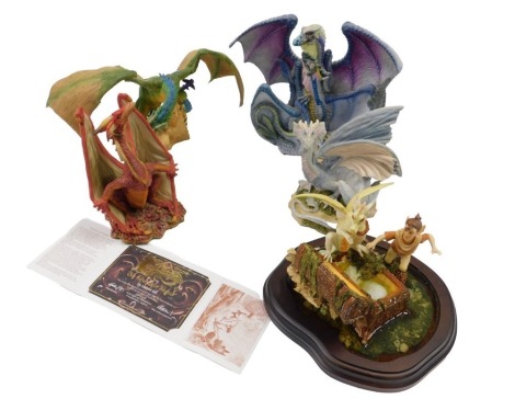 An Enchantica resin figure group, modelled as The Adventure Begins, on hardwood base, 20cm high, with certificate of authenticity, together with a group of Danbury Mint and other dragon figures.