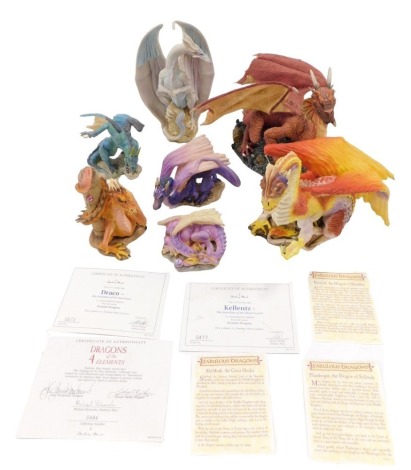 A group of Danbury Mint and other resin dragon figures, to include Draco, Kellentz, Fabulous Dragons Maizoon, etc., some with certificates of authenticity.