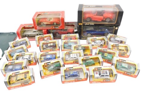 A group of Burago diecast vehicles, to include a Chevrolet corvette 1957, Mercedes Benz 300SL 54, Mustang Mach III, etc., each boxed.