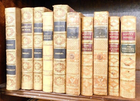 A group of 19thC leather bindings, to include Scott's Novels, volume 23 and 28, Kingsley, various works to include Yeast, Hereward the Wake, etc. (10)