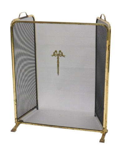 A 20thC brass framed three fold fire screen, 80cm high.