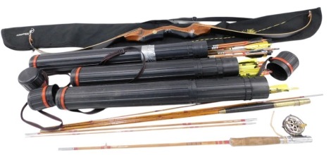 An AF Archery bow, together with two split cane fishing rods, three tubes of arrows, and a Long Shot archery bag.