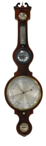 A 19thC wheel barometer, signed Corts and Co, Leicester, in mahogany boxwood and ebony strung case, 111cm high.