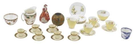 Various ceramics, to include a Royal Doulton stoneware ginger jar base decorated with leaves, Royal Doulton coffee service decorated in blue and gilt, Royal Doulton figure Top O the Hill, etc.