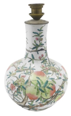 A modern Chinese porcelain bottle shaped vase, decorated with peaches, square printed marks to underside, converted to a lamp, 34cm high.