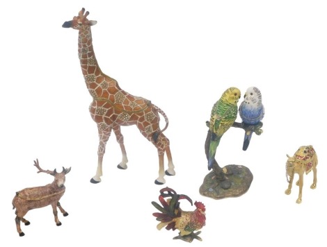 A Juliana Treasured Trinkets group of two budgerigars and a perch, a similar giraffe, a stag (AF), camel, and a cockerel. (5)