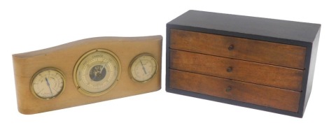 A three drawer collectors chest and a barometer. (2)