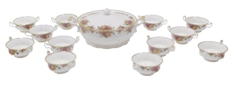 A Royal Albert Old Country Roses tureen and cover, and eight two handled soup bowls.