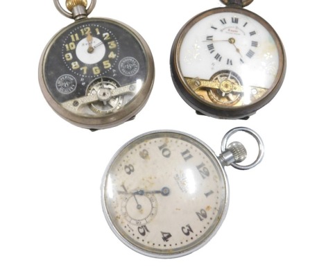 A base metal pocket watch, stamped Hebdomas patent, eight days, Swiss made, a silver cased pocket watch, stamped Hebdomas, stopwatch, etc.