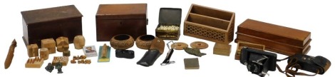 Miscellaneous items, to include jewellery box, camera, GEC scales, brass ash tray, letter rack, mahogany box, collection of small shells, etc.