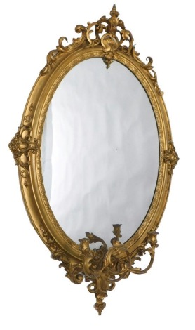 A 19thC gilt gesso girandole, with an oval mirror plate, the frame decorated with scrolls, and with two intertwined candle arms, 140cm high. (AF)