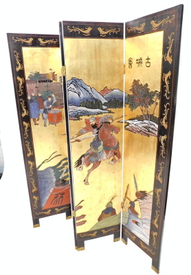 An Oriental four fold screen, decorated to one side with a scene of warriors within mountainous landscapes, in polychrome, picked out in gilt, within elaborate borders of birds, etc., the reverse with birds, flowering branches, etc., 184cm high, 160cm wid - 3