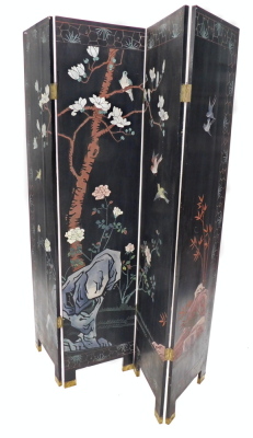 An Oriental four fold screen, decorated to one side with a scene of warriors within mountainous landscapes, in polychrome, picked out in gilt, within elaborate borders of birds, etc., the reverse with birds, flowering branches, etc., 184cm high, 160cm wid - 4