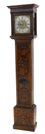 An 18thC and later walnut floral marquetry longcase clock, the door with glass bulls eye insert, on plinth, the dial 28cm wide, marked for Richard Colston of London, the square dial with subsidiary seconds hand, and date aperture, eight day 5-pillar move