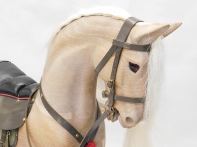 A Stevenson Brothers of England limed oak rocking horse, bearing original coat or jacket, brass plaque to base, dating 1996 and numbered 2352, 130cm long. - 3