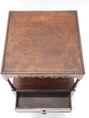 A George III mahogany washstand, the square top with a pierced frieze on turned supports, with drawer section and x shaped undertier, on pad feet, 75cm high, 33cm wide. - 2