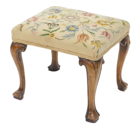 A Georgian walnut stool, with tapestry seat and cabriole legs, 42cm high, 50cm x 38cm. NB. We have specific vendor instructions to sell WITHOUT RESERVE.