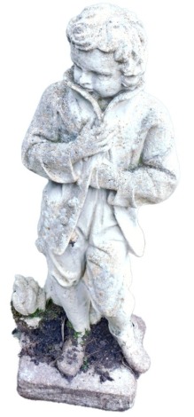 A composition garden statue, modelled as a young boy grasping coat, on square base, 76cm high.