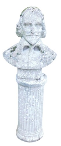 A composition stone garden bust, depicting Shakespeare, on column plinth, 113cm high.