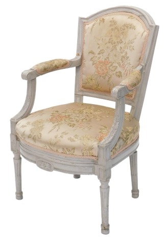 A Continental grey painted open armchair, with padded back, armrest and seat, on reeded turned legs.